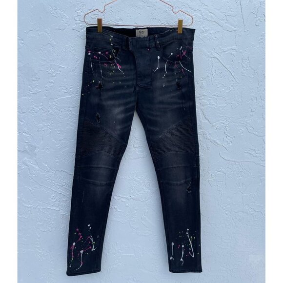 KDNK Mens Paint Splashed Distressed Tapered Denim Jeans Black Sz 32 - Picture 1 of 16
